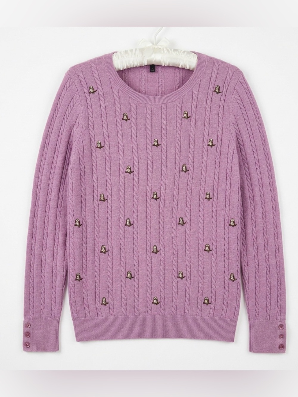 TALBOTS LAMBSWOOL SWEATER CABLE KNIT OWL EMBROIDERED LARGE PETITE LILAC PURPLE